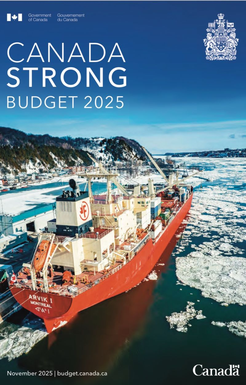 Cover of Canada Strong Budget 2025, featuring a ship in an icy harbour.
