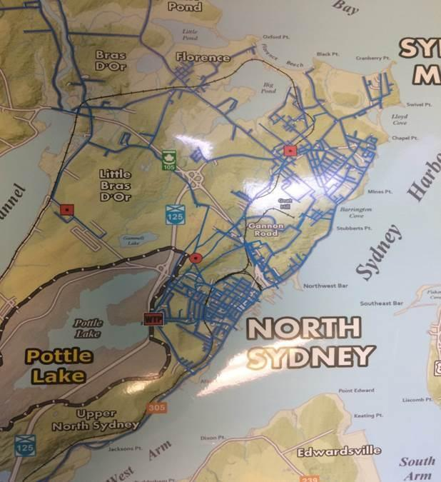 Map of North Sydney and surrounding communities with marked infrastructure routes.