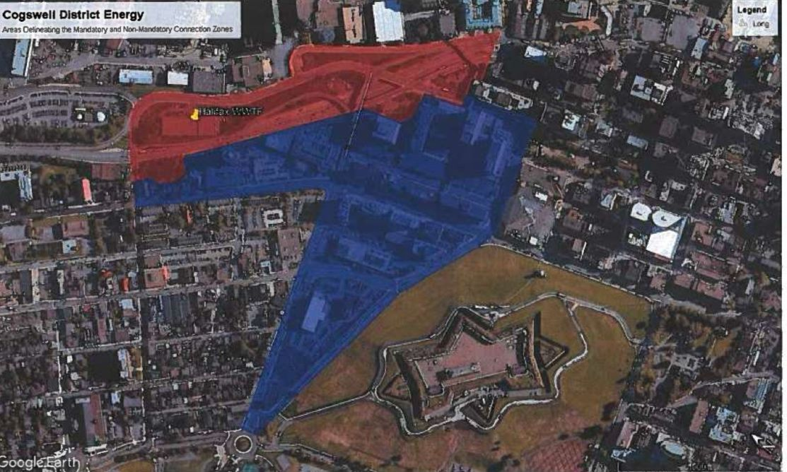 Historical Cogswell district energy map showing connection zones.