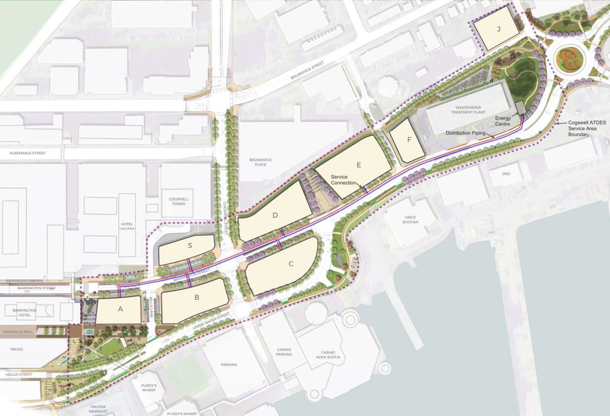 Cogswell district energy plan showing an energy centre, distribution piping and service connections.