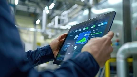 A person reviews a digital dashboard on a tablet in a mechanical plant room.