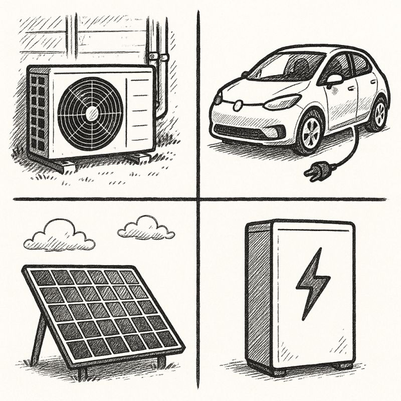 Four-panel illustration showing a heat pump, electric car, solar panel and stationary battery.