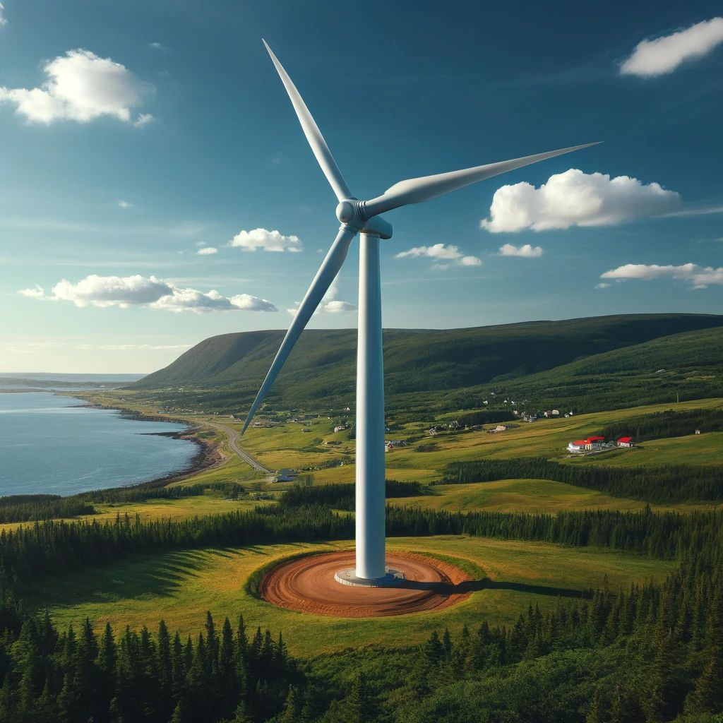 Illustration of a wind turbine beside a coastal landscape.