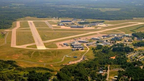 Aerial view of the runways, airfield and buildings at 14 Wing Greenwood in Nova Scotia.