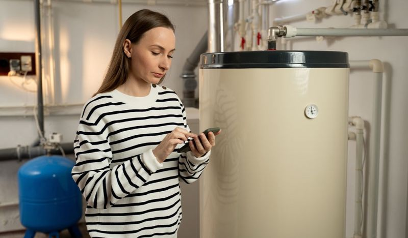 A person using a smartphone beside a water heater in a utility room.