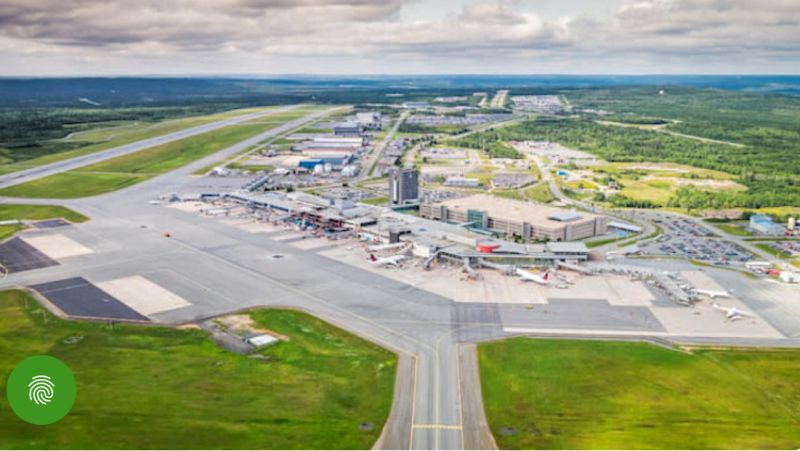 Aerial view of Halifax Stanfield airport terminal, aircraft aprons and runways.