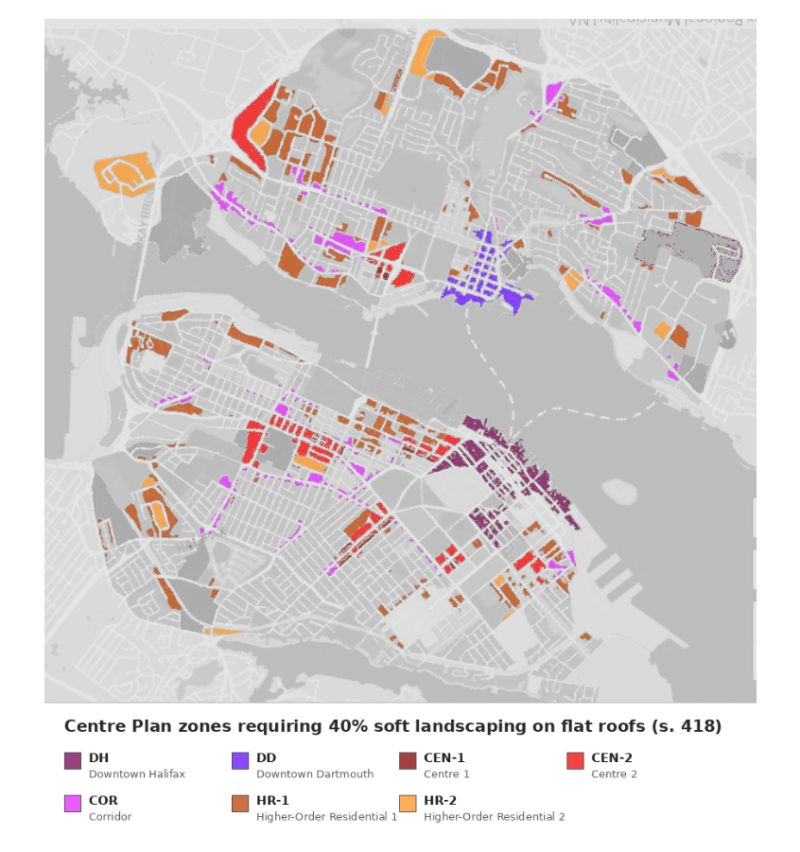 Illustrative map of Halifax and Dartmouth Centre Plan zones requiring 40% soft landscaping on flat roofs, with zoning legend.