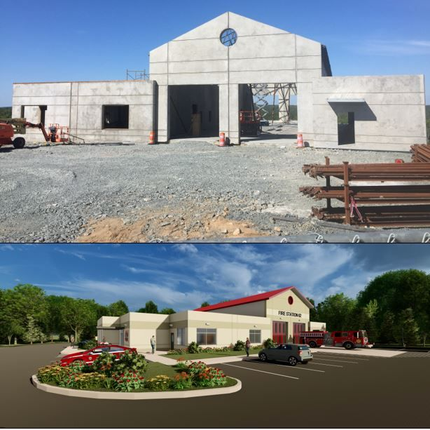 Fire station under construction above an architectural rendering of the completed design.