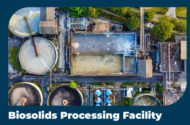 Aerial view labelled Biosolids Processing Facility.