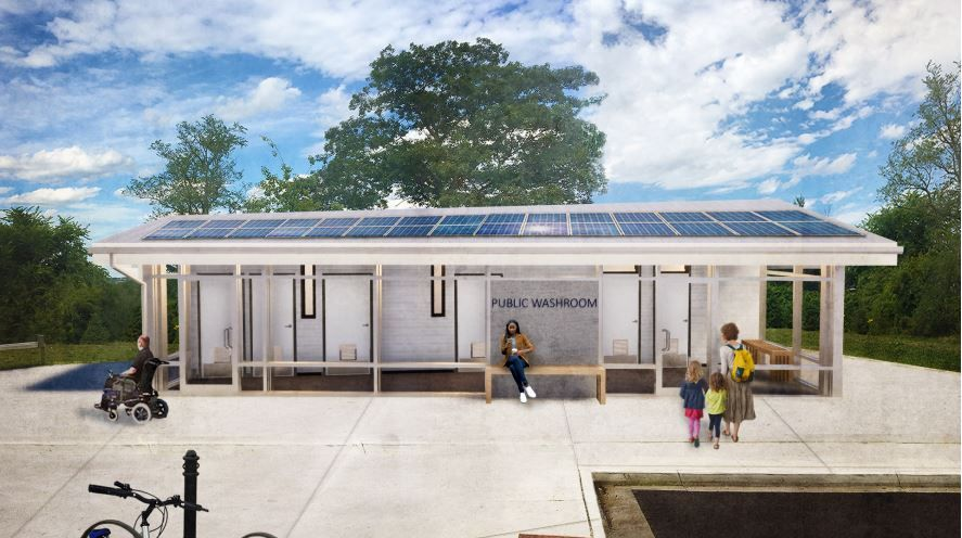 Architectural rendering of a public washroom with solar panels on the roof.
