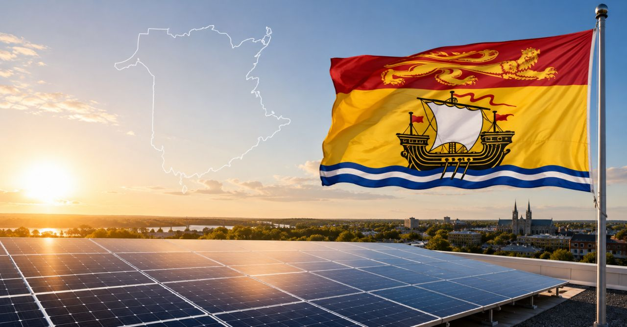 Illustration combining New Brunswick’s flag and outline with rooftop solar panels.