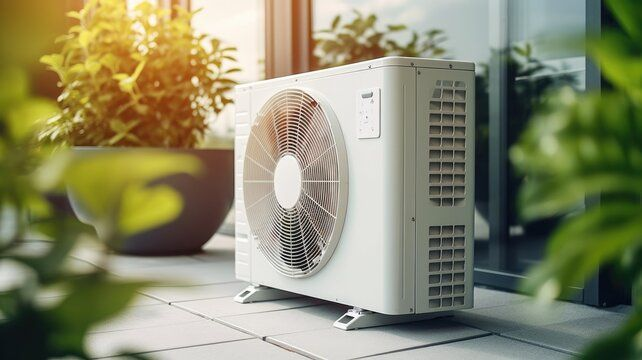An outdoor heat pump unit beside a building and potted plants.