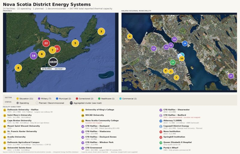 Map of Nova Scotia district energy systems, with a Halifax inset and numbered facility directory.
