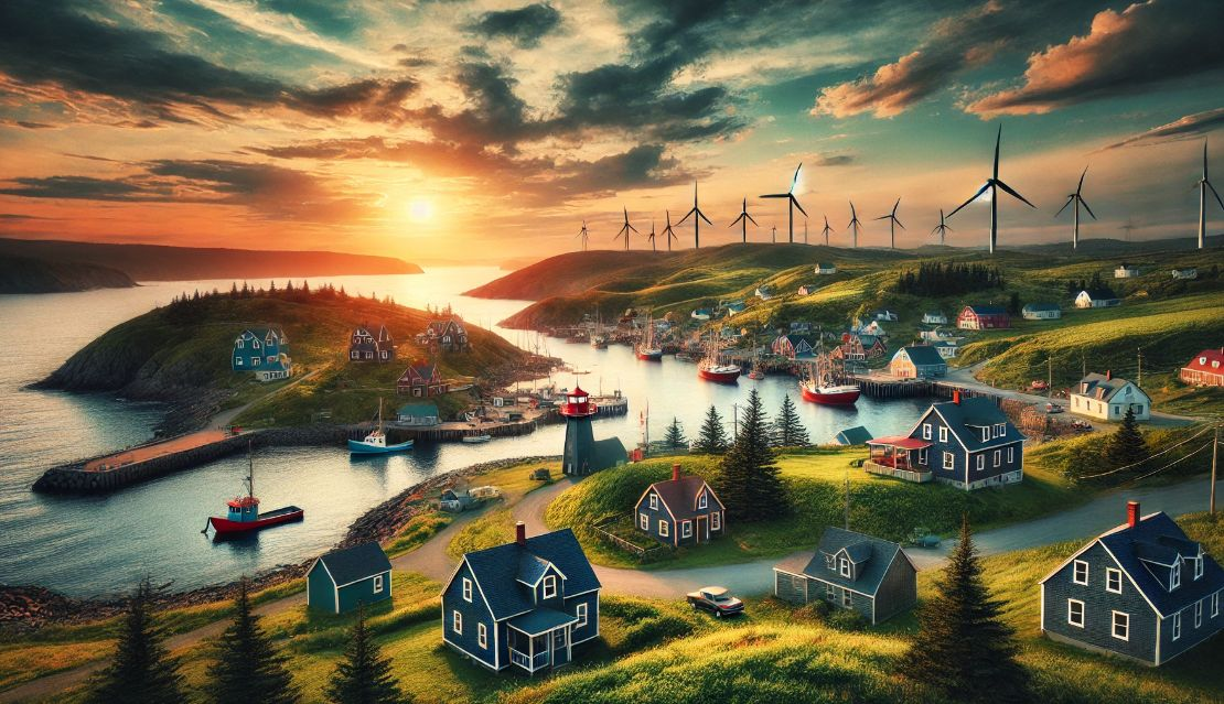 Illustration of a coastal community with fishing boats, houses, a lighthouse and wind turbines at sunset.