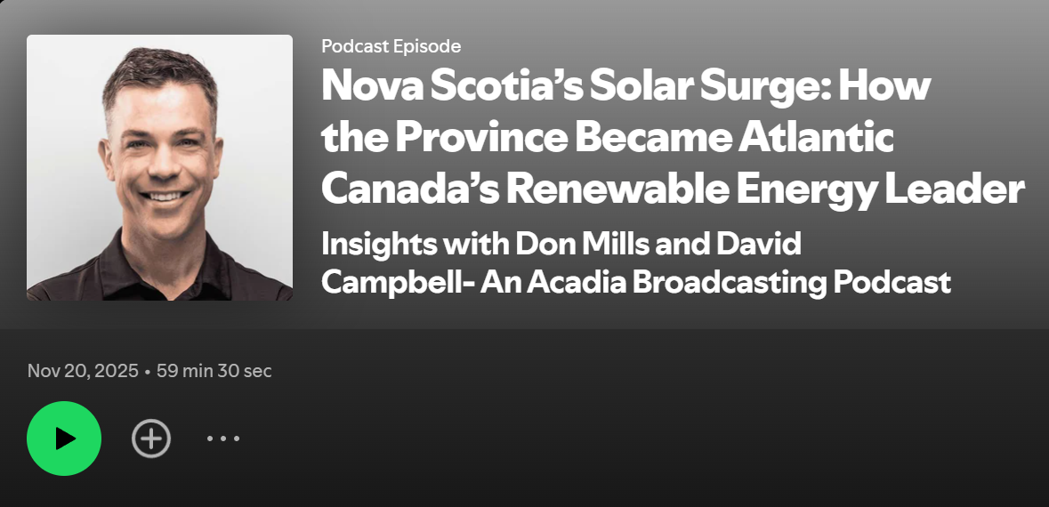 Podcast episode card for Nova Scotia’s Solar Surge with David Brushett, released November 20, 2025.