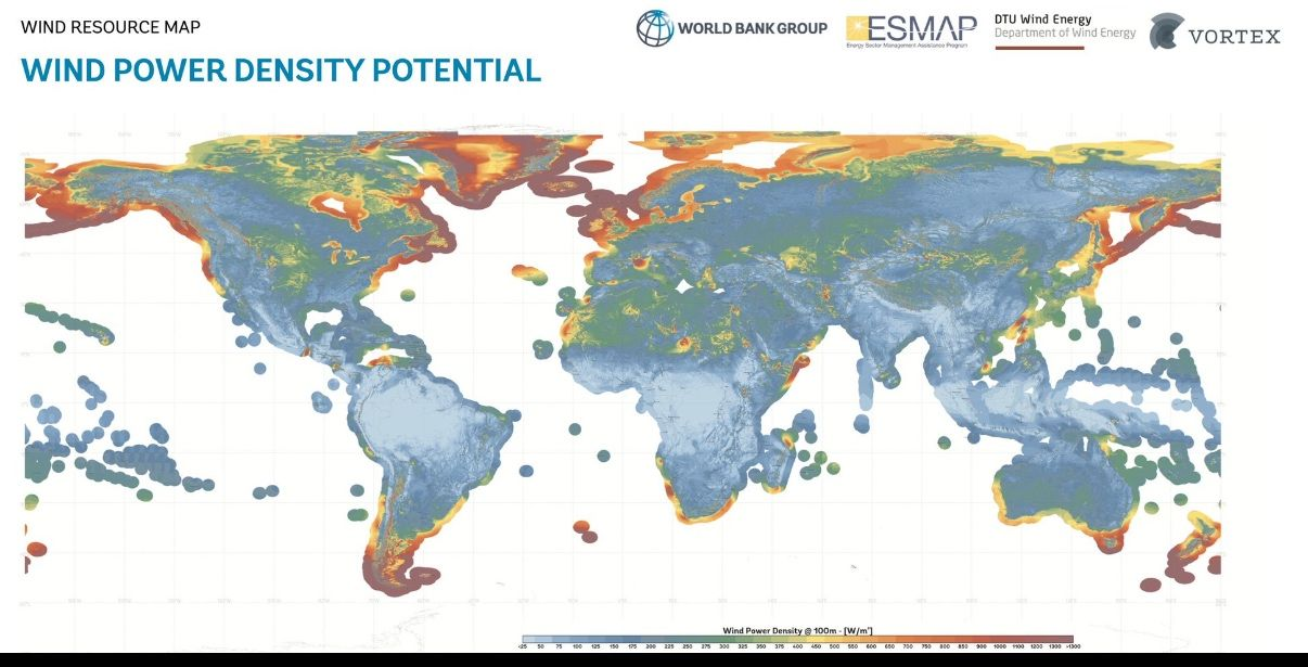 Global map of wind power density potential at 100 metres.