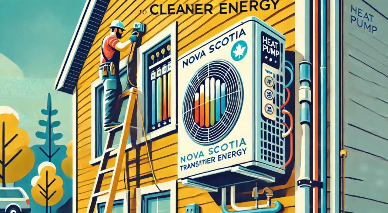 Illustration of a worker installing a heat pump on a house.