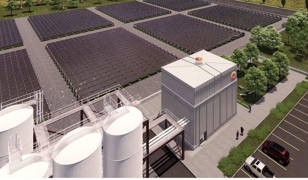 Rendering of Rondo heat-storage equipment beside a solar installation.