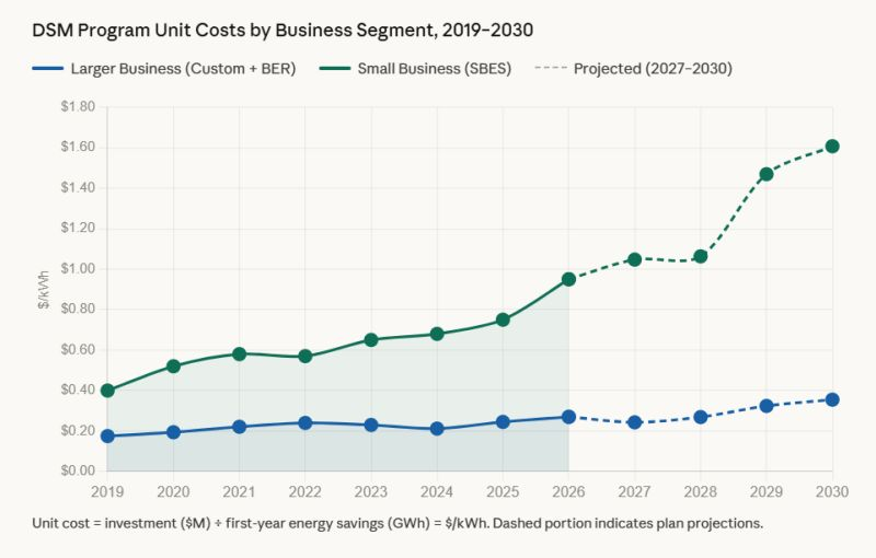 DSM program unit costs by business segment, 2019–2030. Small-business costs rise faster than larger-business costs; dashed lines show projections for 2027–2030.