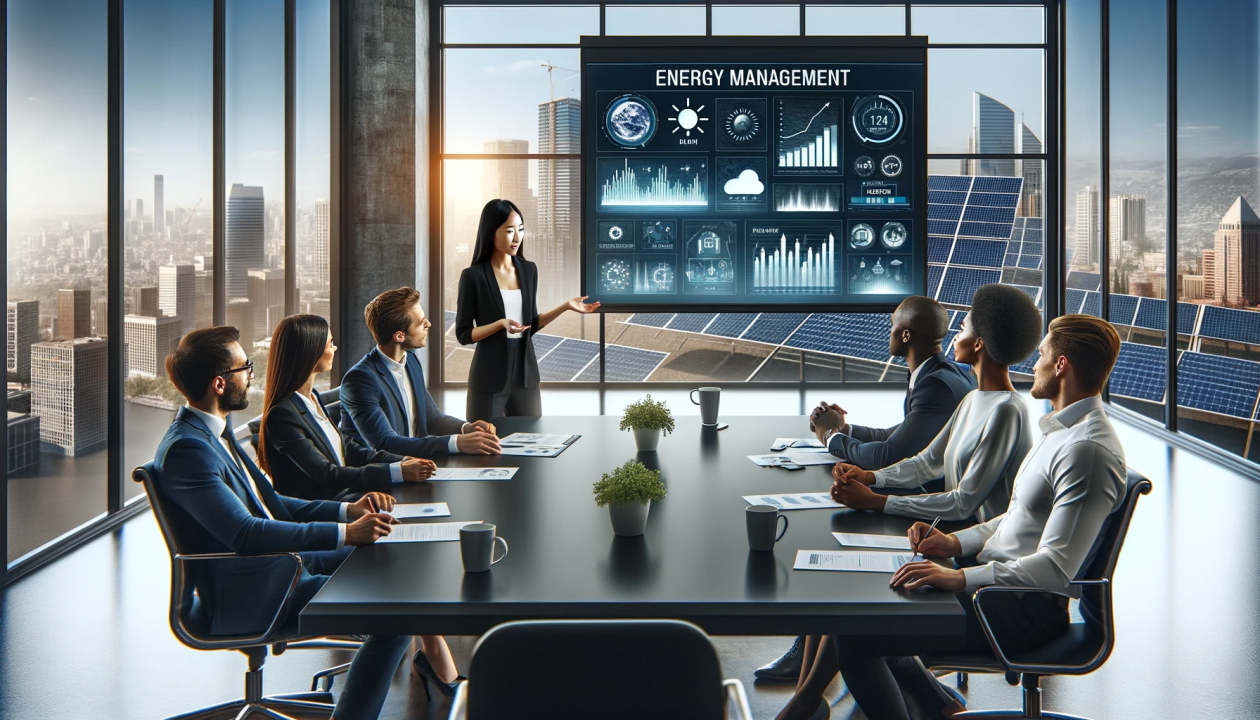 Illustration of professionals discussing an energy management dashboard in a meeting room.