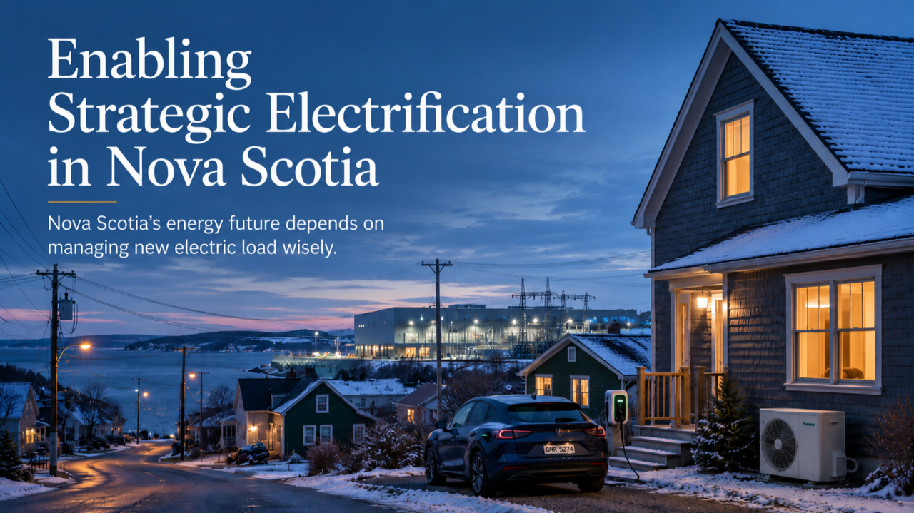Article cover titled Enabling Strategic Electrification in Nova Scotia, showing a winter neighbourhood, heat pump and electric vehicle charging.