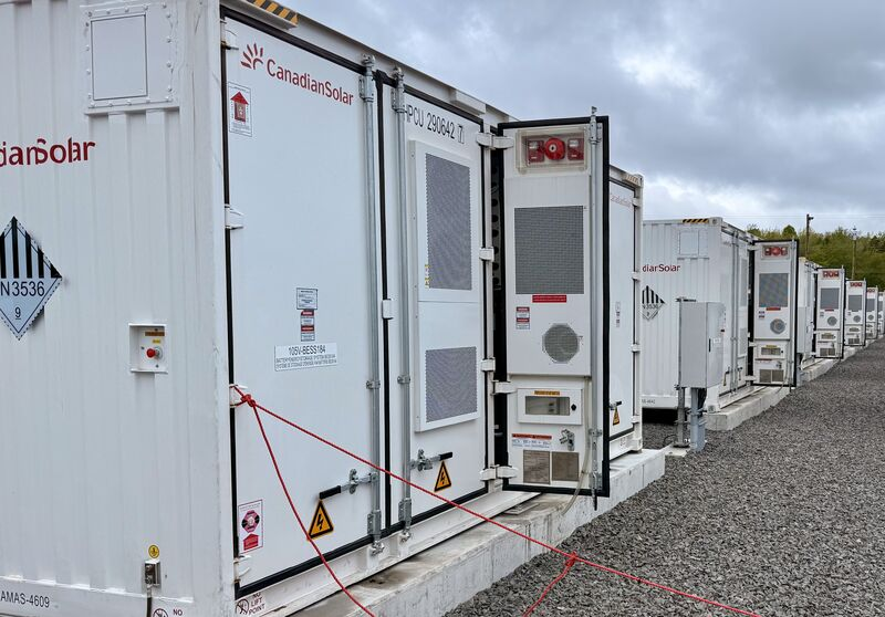 Rows of Canadian Solar battery storage containers at the White Rock Battery Project.